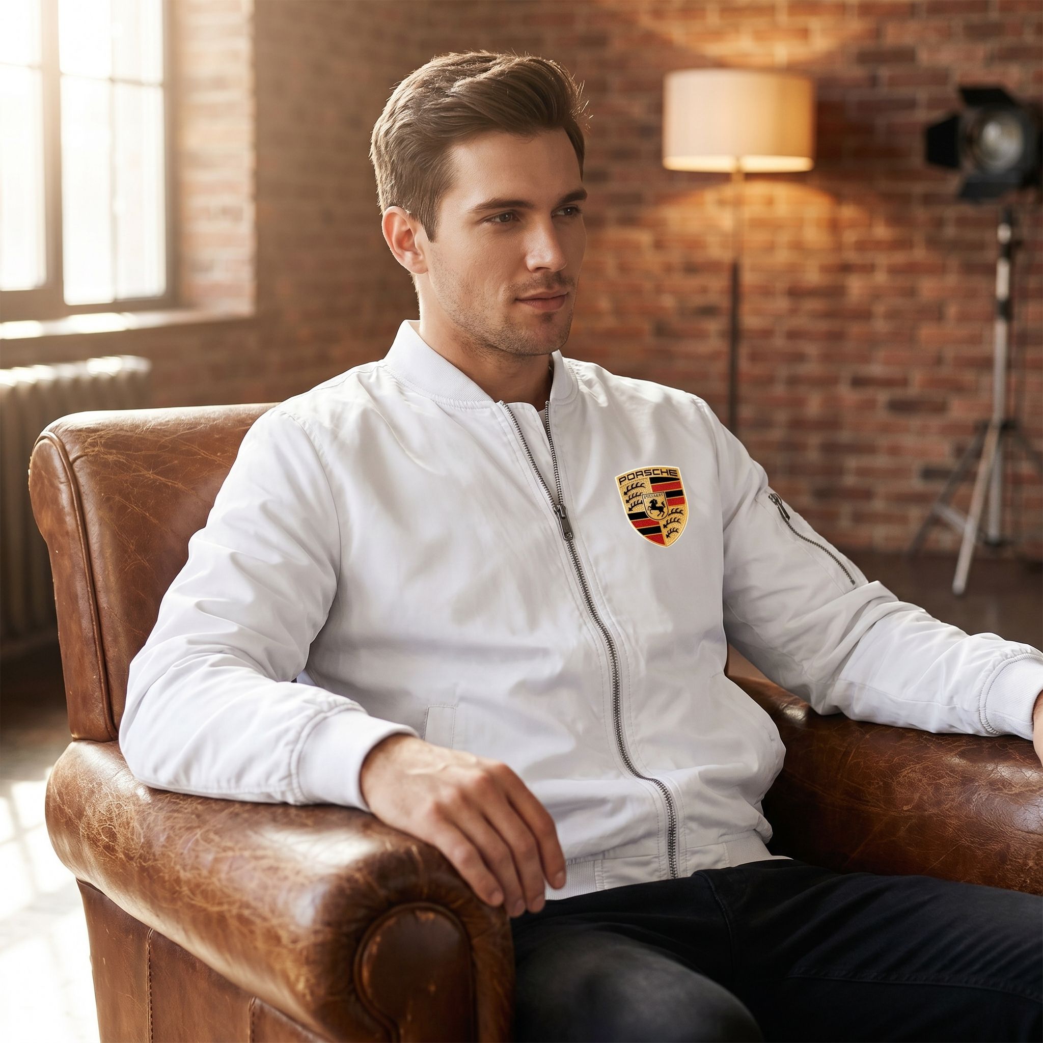 Indoor shot of male model in Porsche bomber jacket seated on leather armchair in studio.