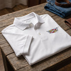 Indoor scene showing neatly laid Men’s Cadillac Car Dry Blend Polo on rustic table, spotlighting collar, cuffs, tear-away label, and premium knit fabric.