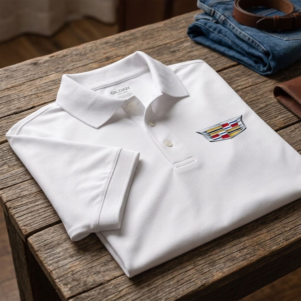 Indoor scene showing neatly laid Men’s Cadillac Car Dry Blend Polo on rustic table, spotlighting collar, cuffs, tear-away label, and premium knit fabric.