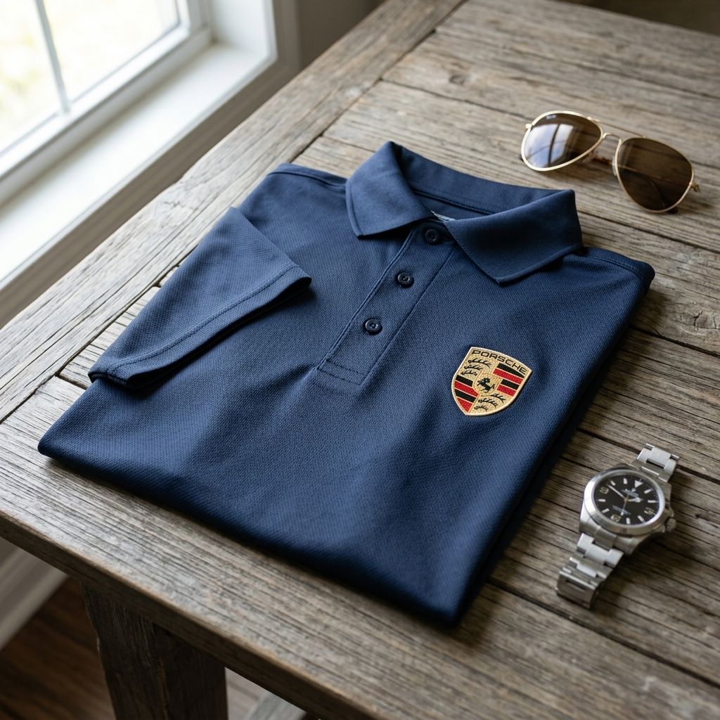 Flat lay of men's Porsche polyester polo on rustic wooden table with natural light, props like sunglasses and watch for lifestyle context.