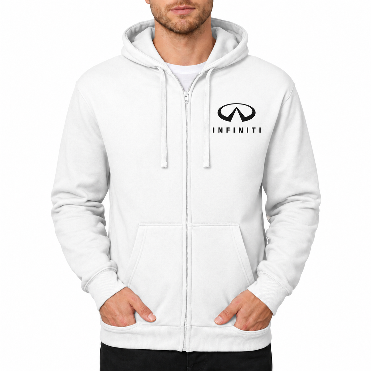Infiniti Luxury White zipper hoodie front left chest heat transfer