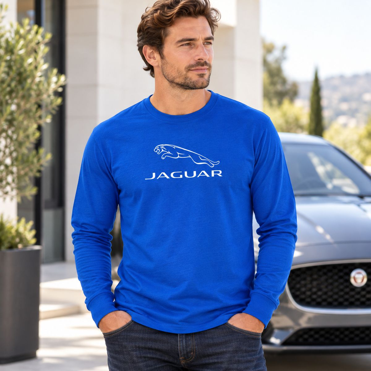 Men’s Jaguar Symbol Car Cotton Long Sleeve T-Shirt | Color: Blue | Image 1