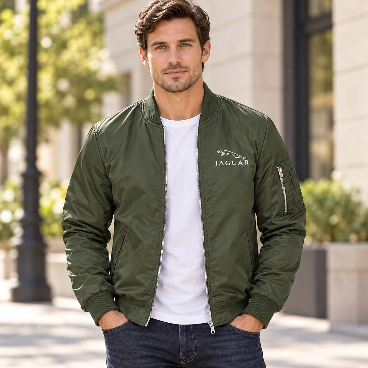 Men’s Jaguar Symbol Car Lightweight Bomber Jacket | Color: Army Green | Image 1