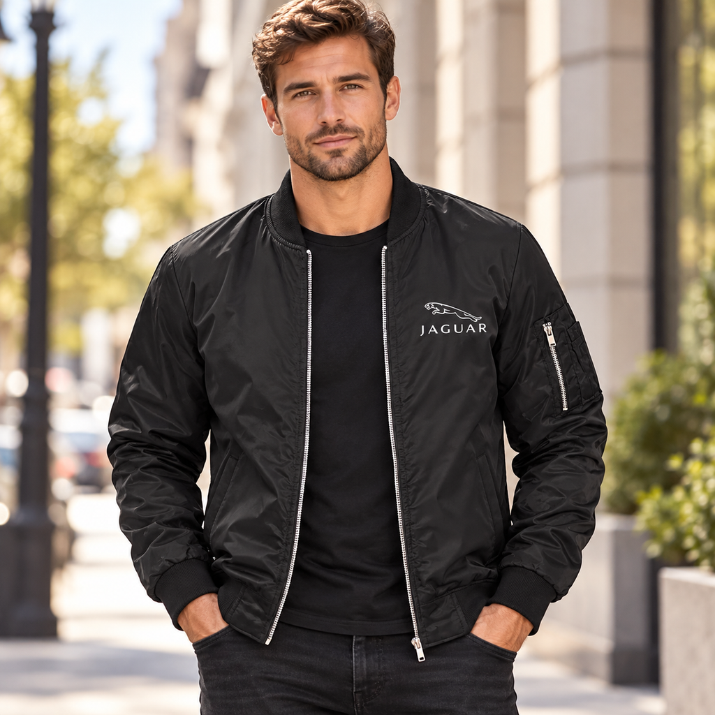 Men’s Jaguar Symbol Car Lightweight Bomber Jacket | Color: Black | Image 1