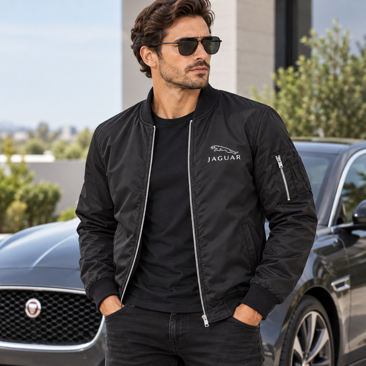 Men’s Jaguar Symbol Car Lightweight Bomber Jacket | Color: Black | Image 3