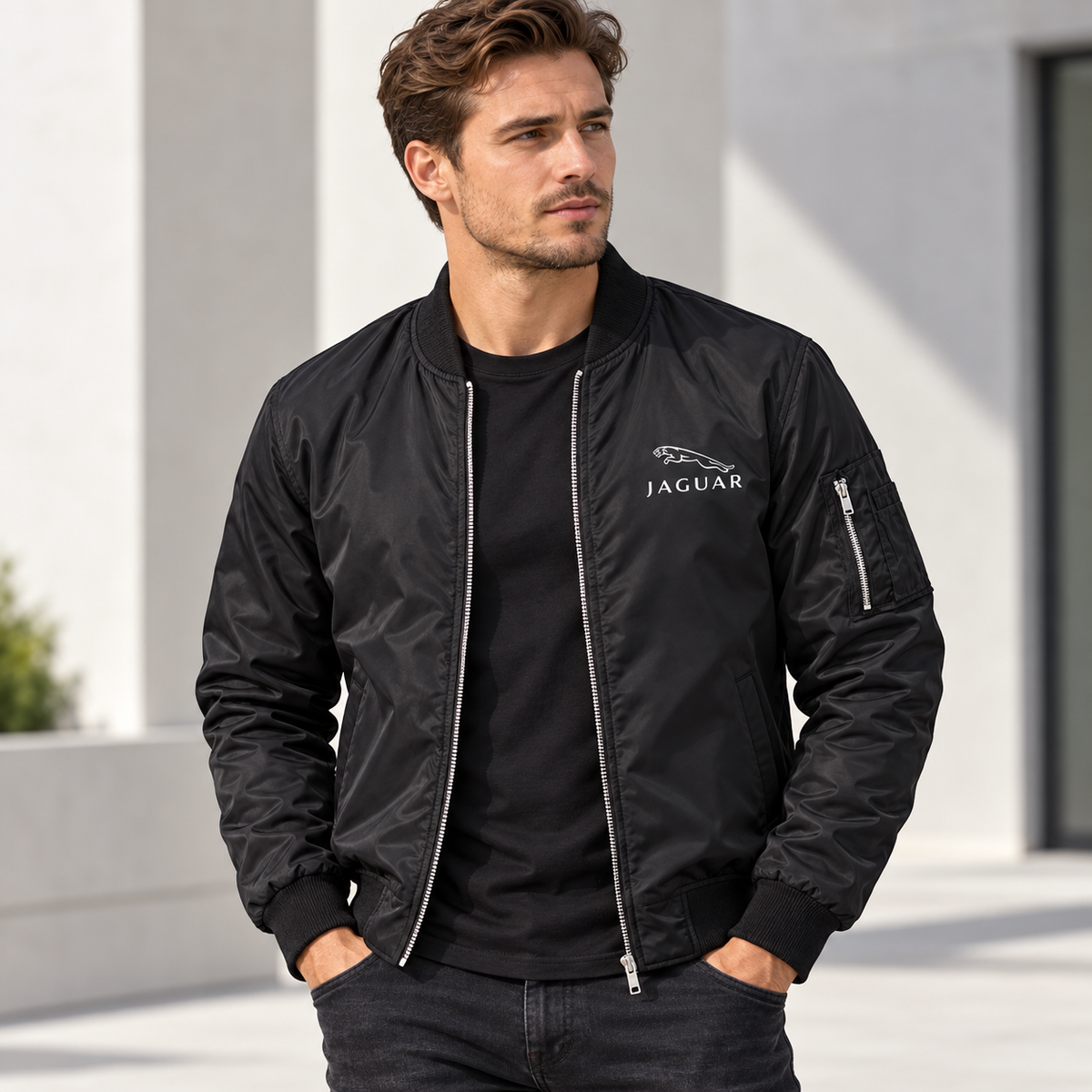 Men’s Jaguar Symbol Car Lightweight Bomber Jacket | Color: Black | Image 5