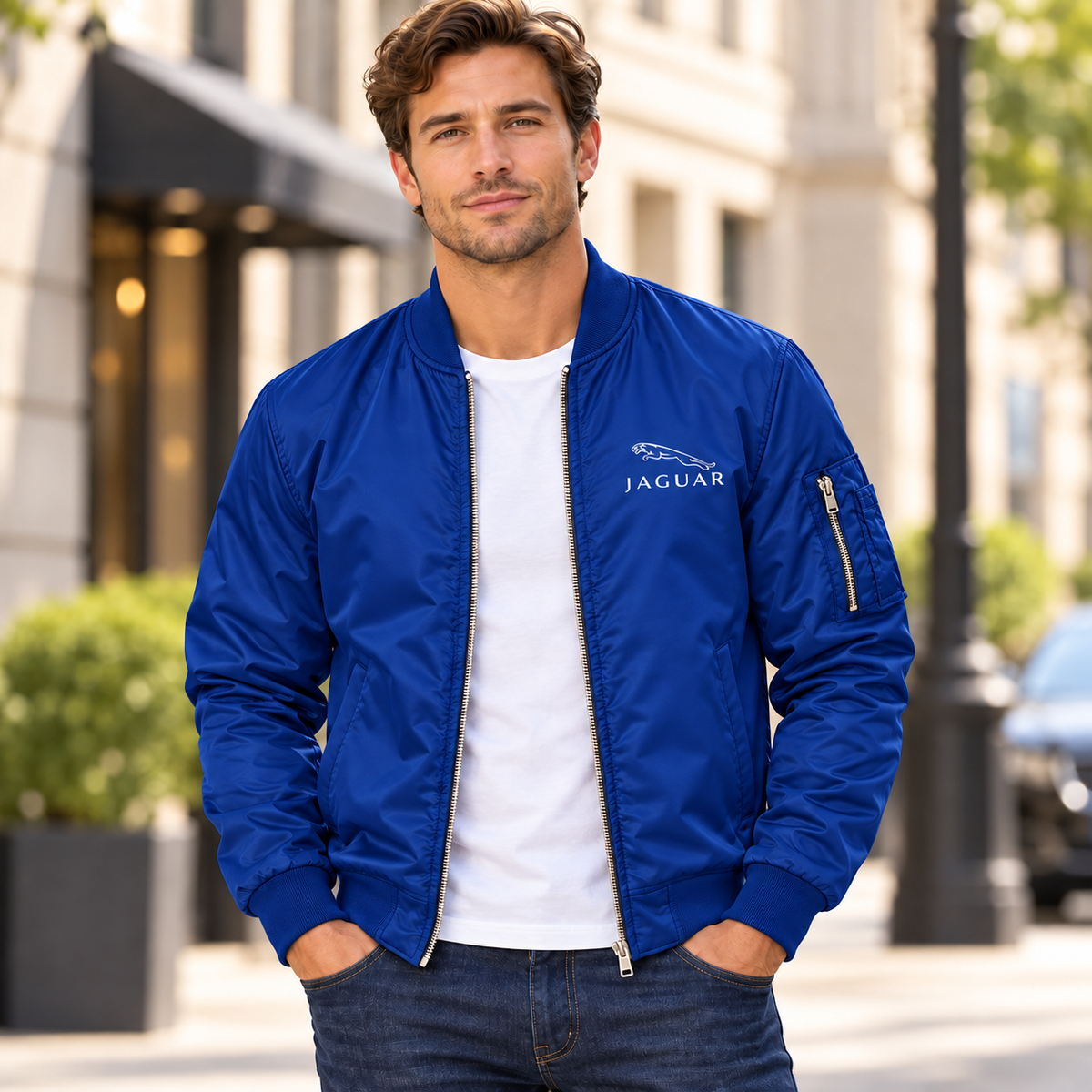Men’s Jaguar Symbol Car Lightweight Bomber Jacket | Color: Blue | Image 1