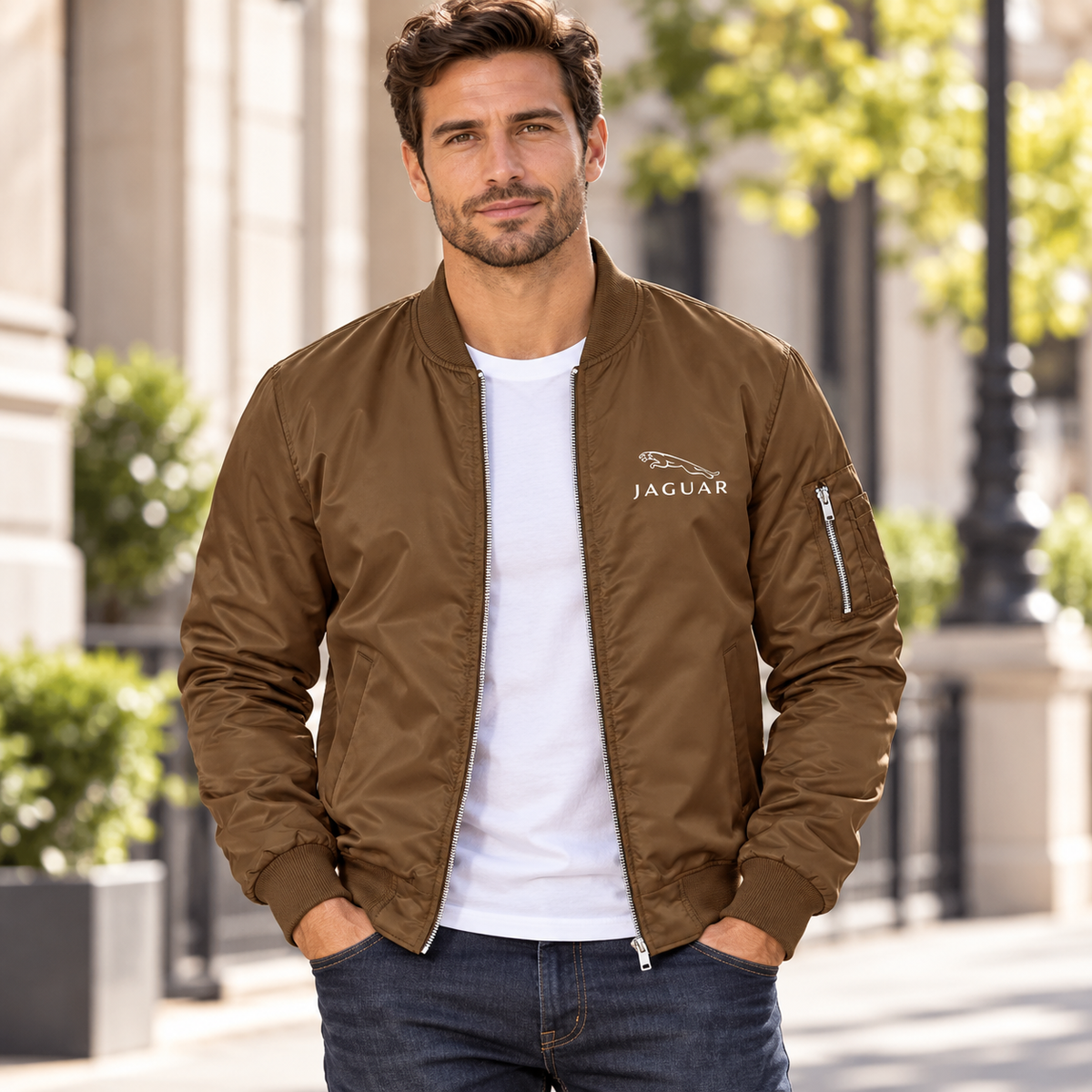 Men’s Jaguar Symbol Car Lightweight Bomber Jacket | Color: Brown | Image 1