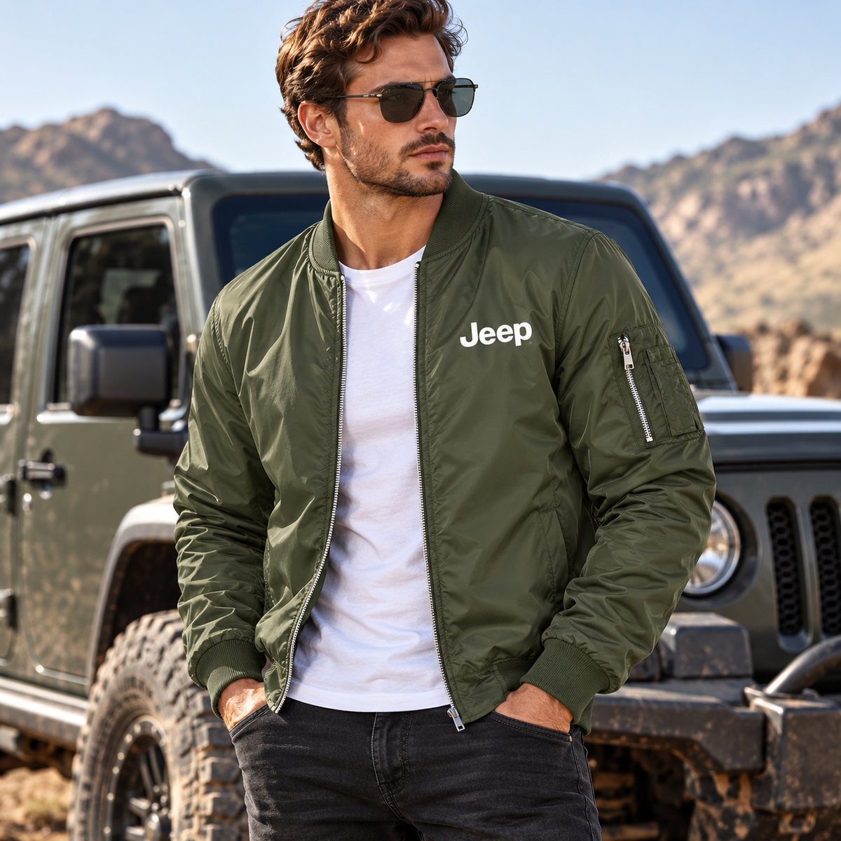Men’s Jeep Car Lightweight Bomber Jacket | Color: Army Green | Image 1