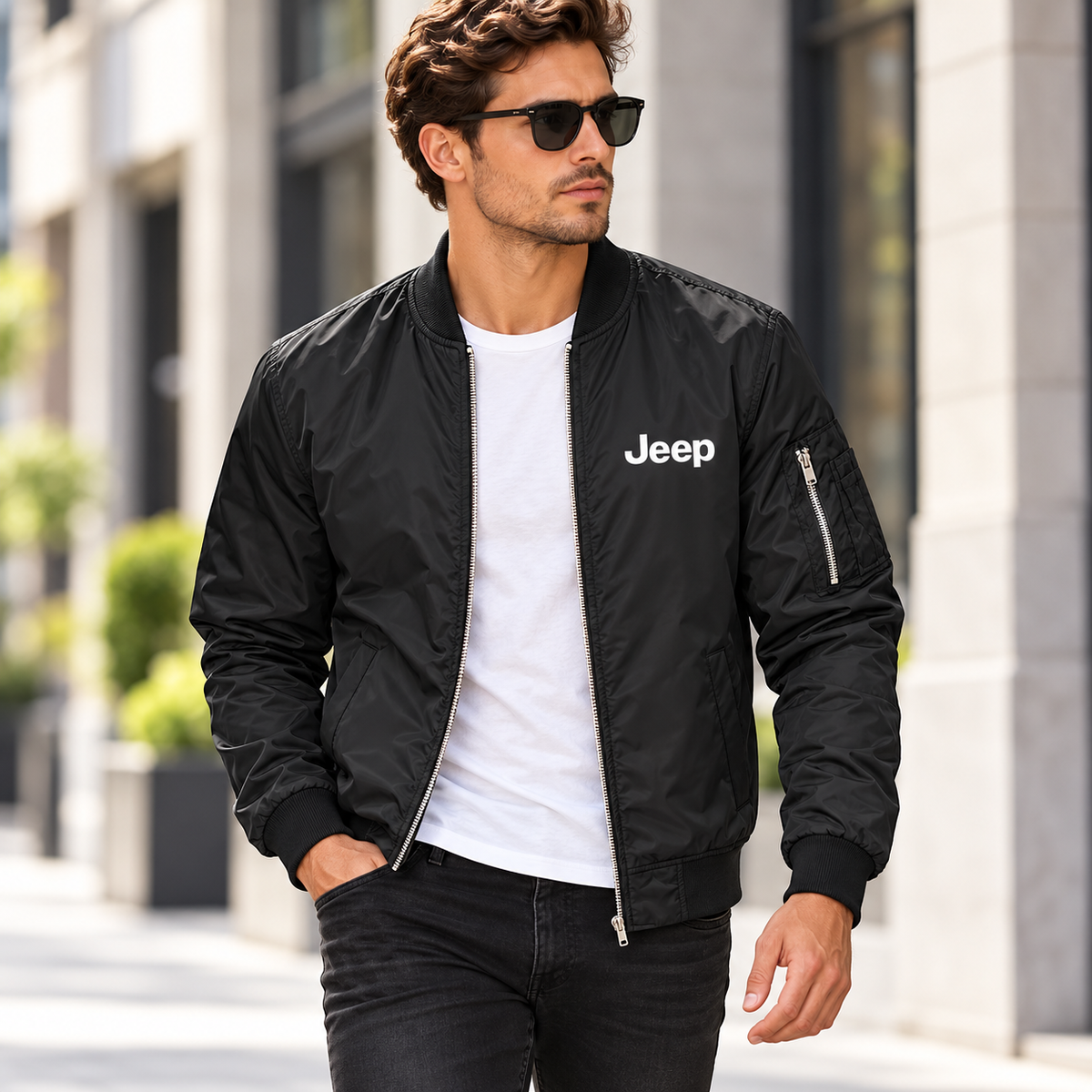 Men’s Jeep Car Lightweight Bomber Jacket | Color: Black | Image 3