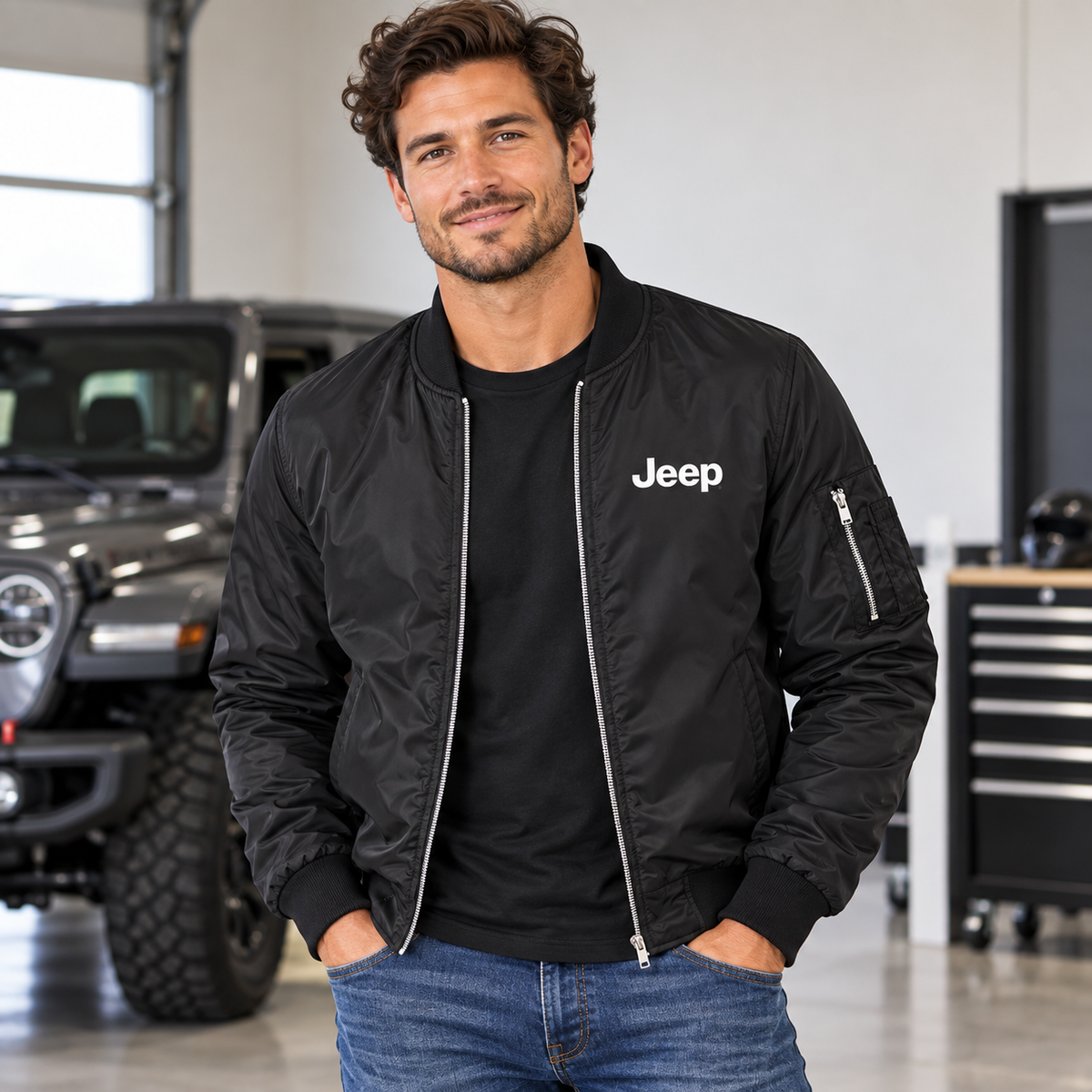 Men’s Jeep Car Lightweight Bomber Jacket | Color: Black | Image 5