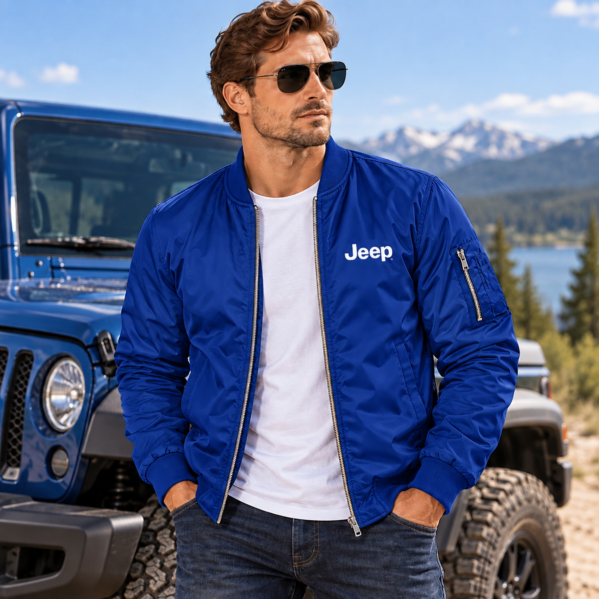 Men’s Jeep Car Lightweight Bomber Jacket | Color: Blue | Image 1