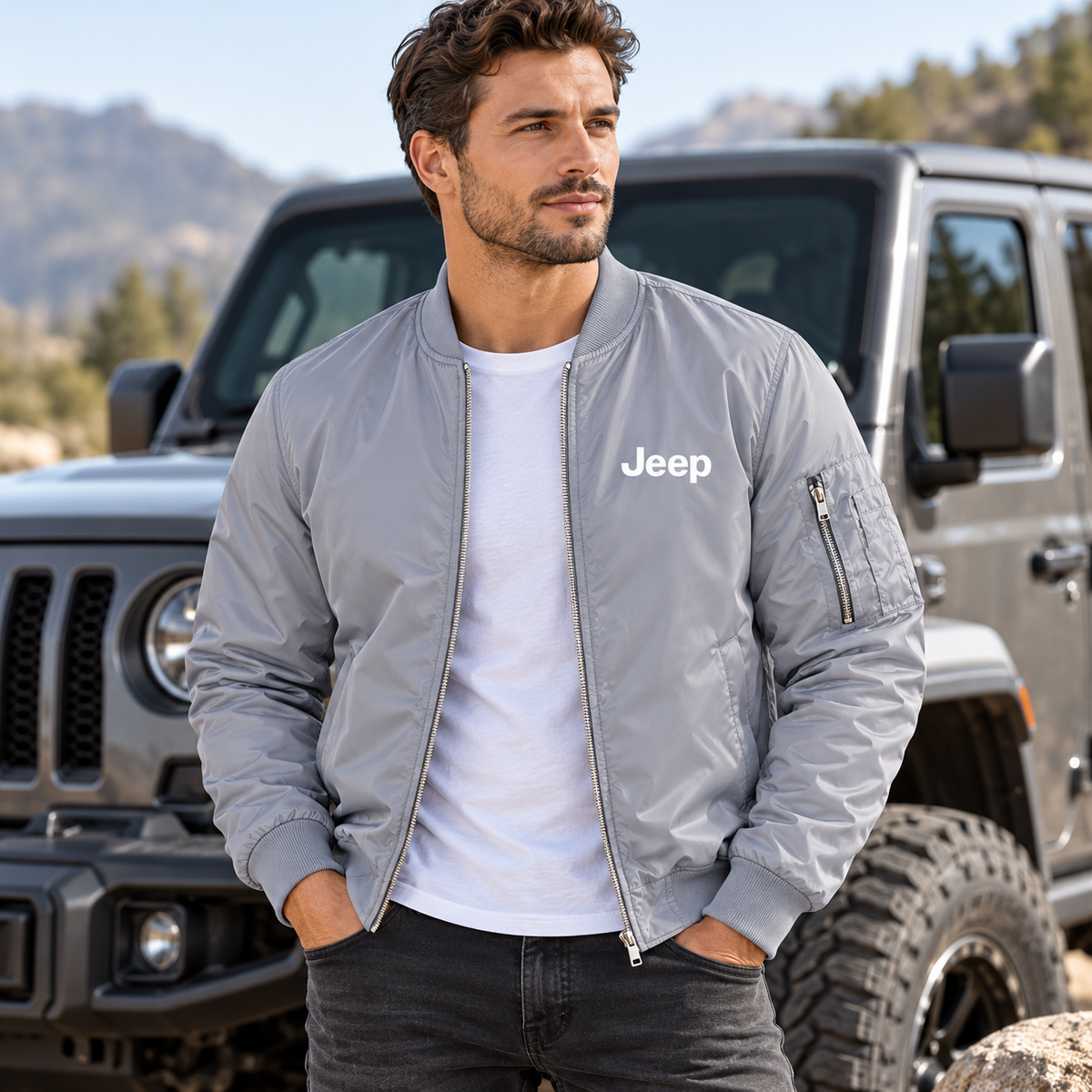 Men’s Jeep Car Lightweight Bomber Jacket | Color: Grey | Image 1
