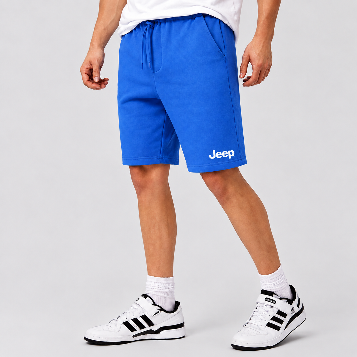 Jeep fleece shorts Azure front logo near left hem