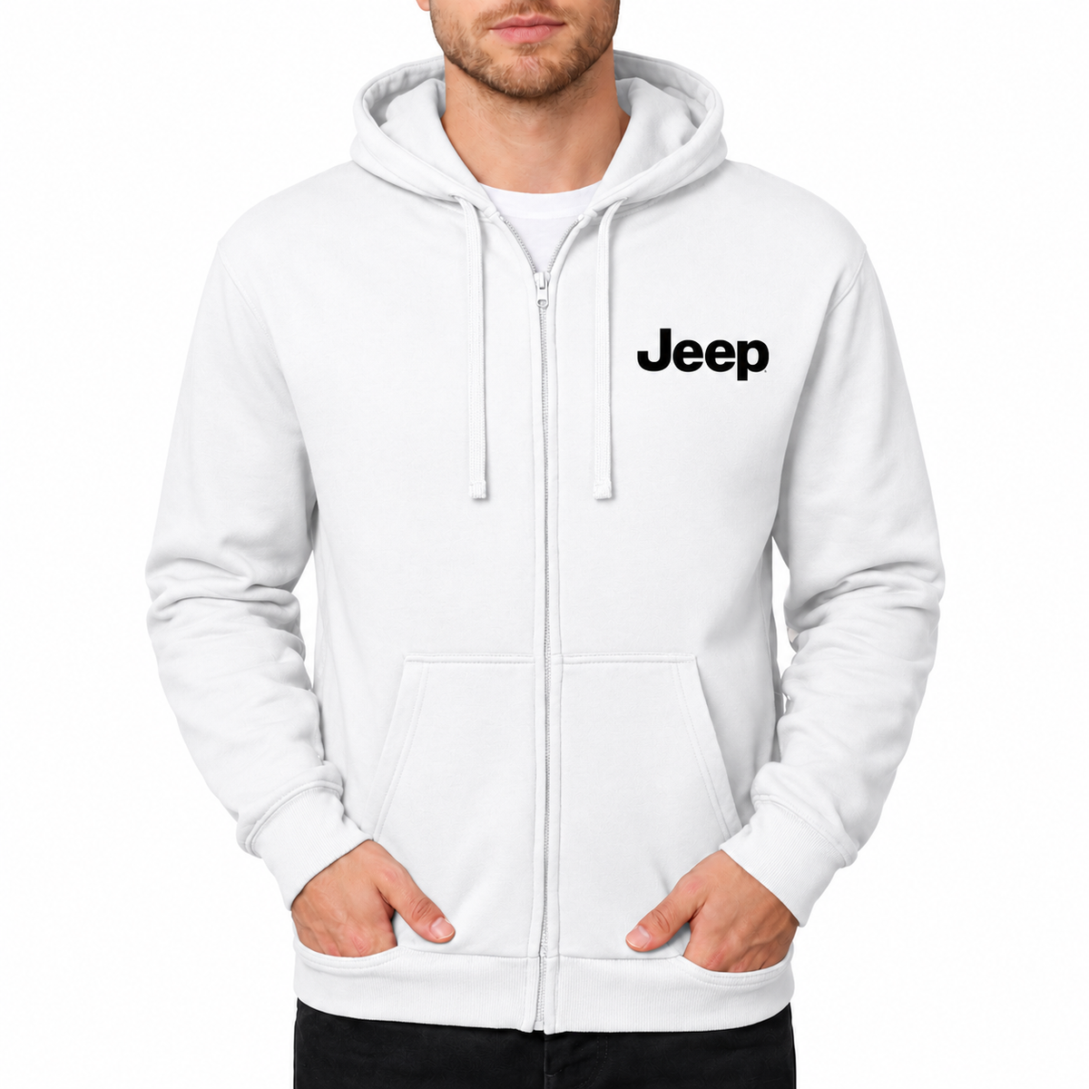 Jeep White zipper hoodie front left chest heat transfer