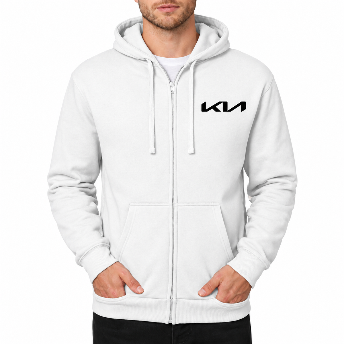 Kia White zipper hoodie front left chest heat transfer