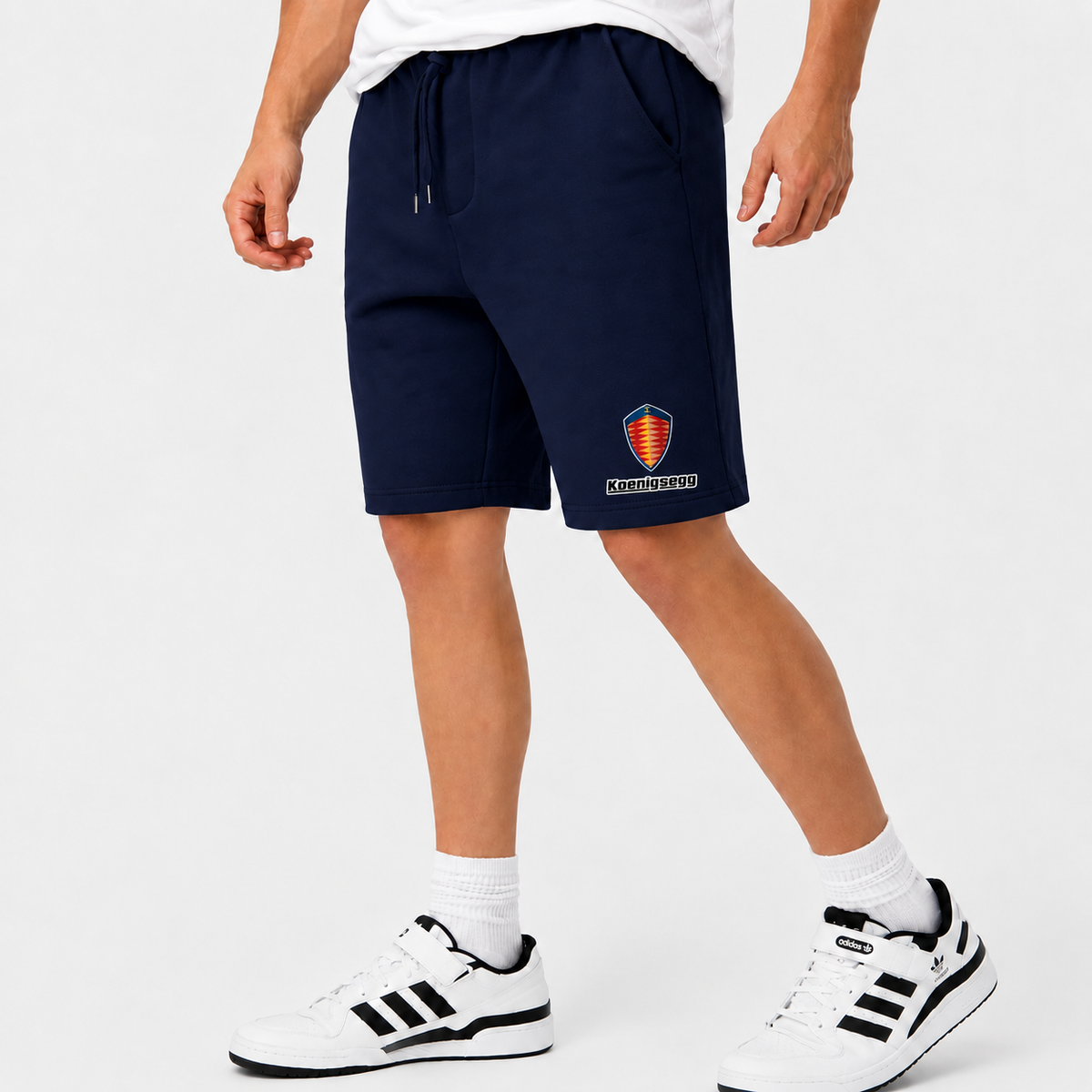 Koenigsegg fleece shorts Navy front logo near left hem