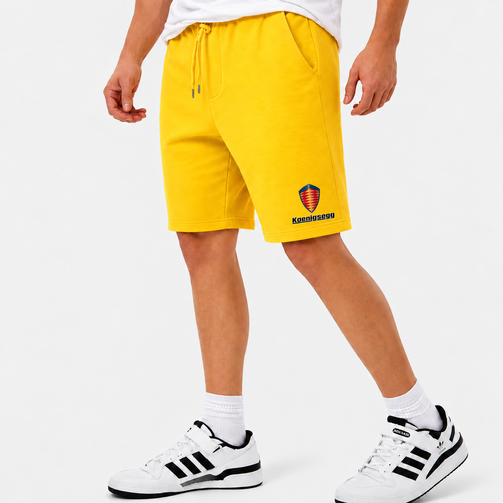 Koenigsegg fleece shorts Yellow front logo near left hem