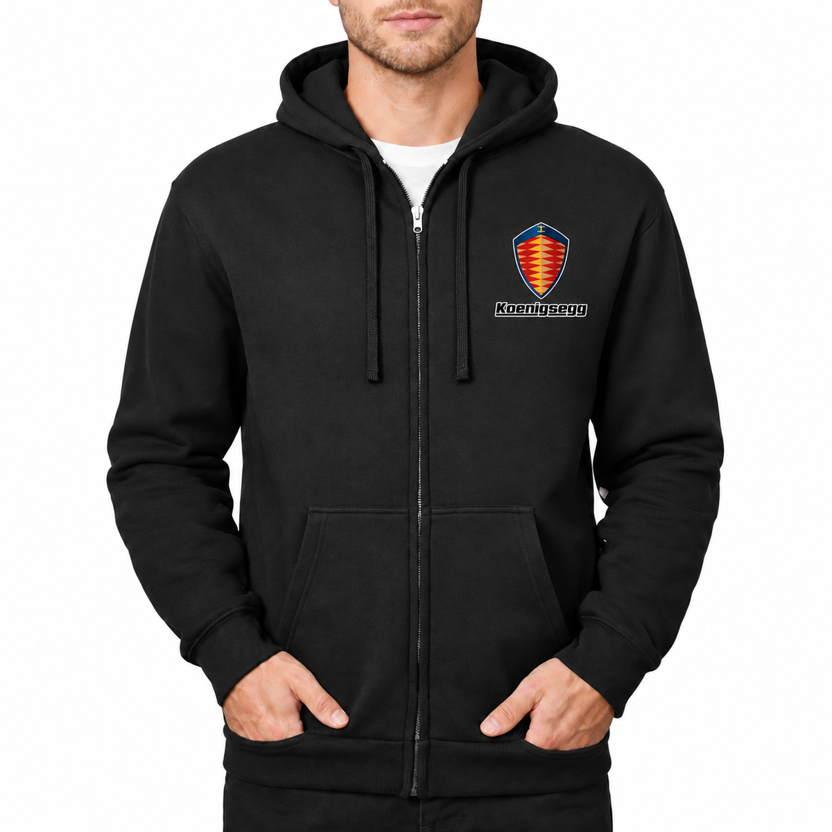 Koenigsegg Black zipper hoodie front left chest heat transfer