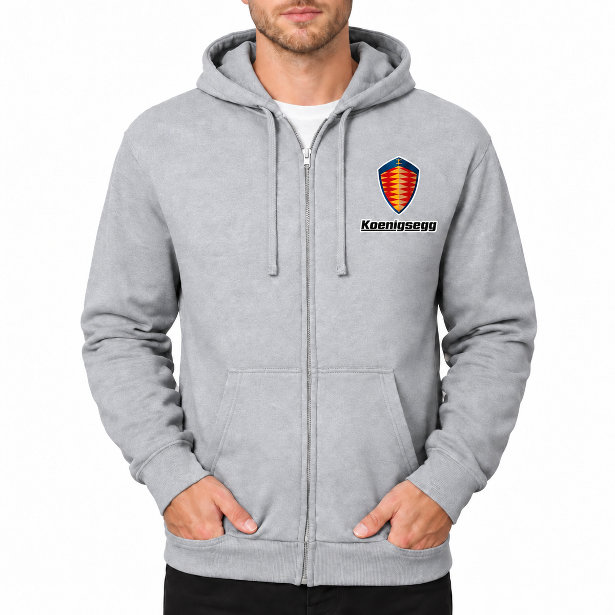 Koenigsegg Grey zipper hoodie front left chest heat transfer