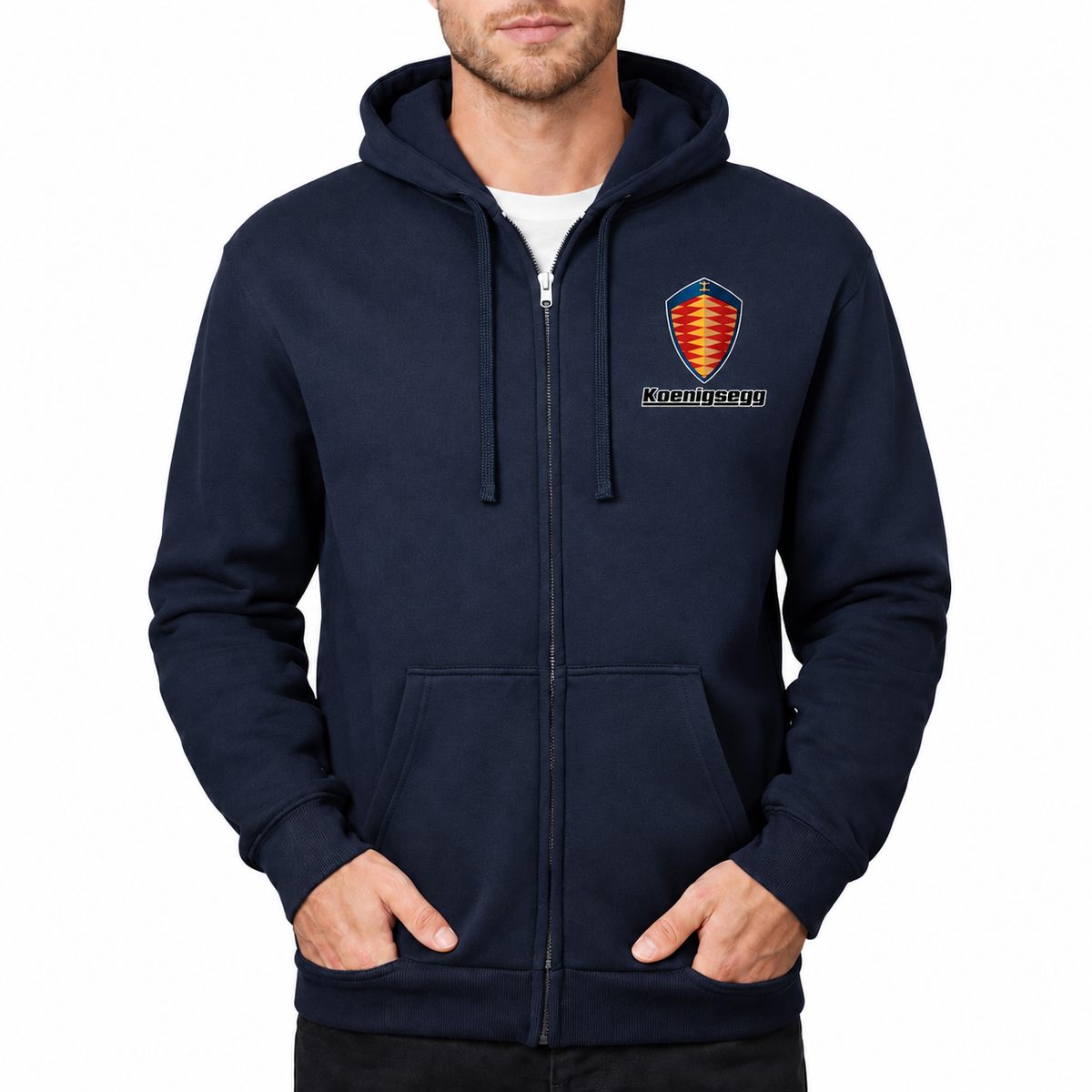 Koenigsegg Navy zipper hoodie front left chest heat transfer