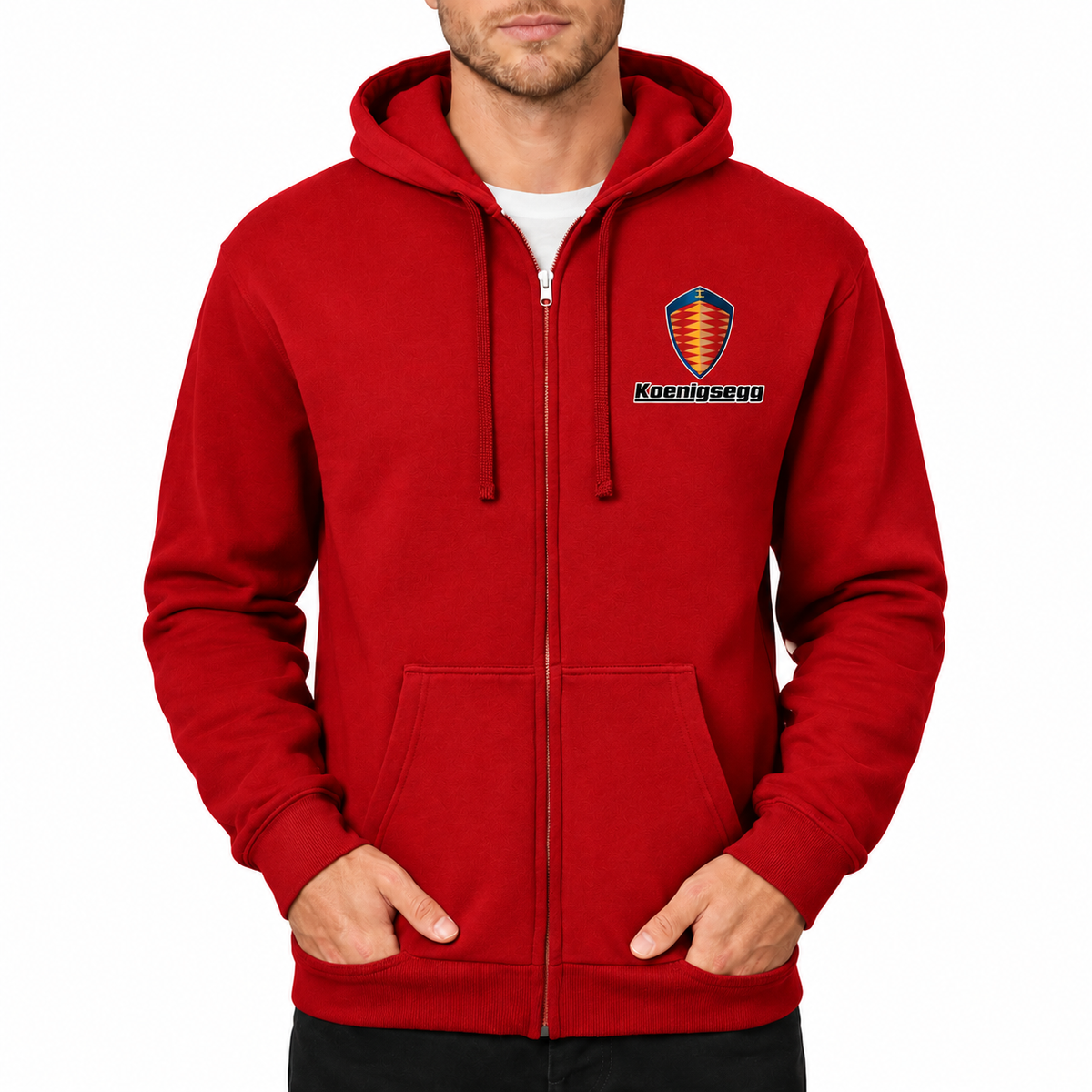 Koenigsegg Red zipper hoodie front left chest heat transfer