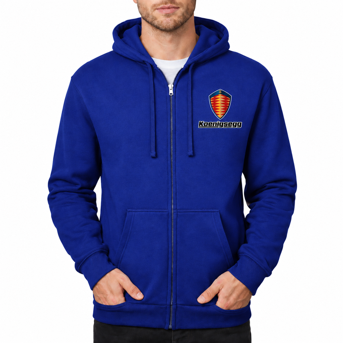 Koenigsegg Royal Blue zipper hoodie front left chest heat transfer