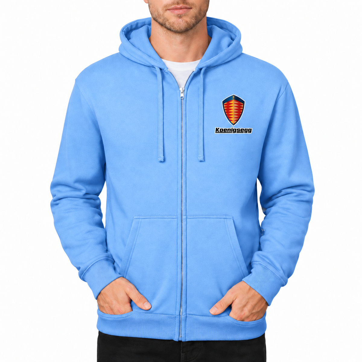 Koenigsegg Sky Blue zipper hoodie front left chest heat transfer