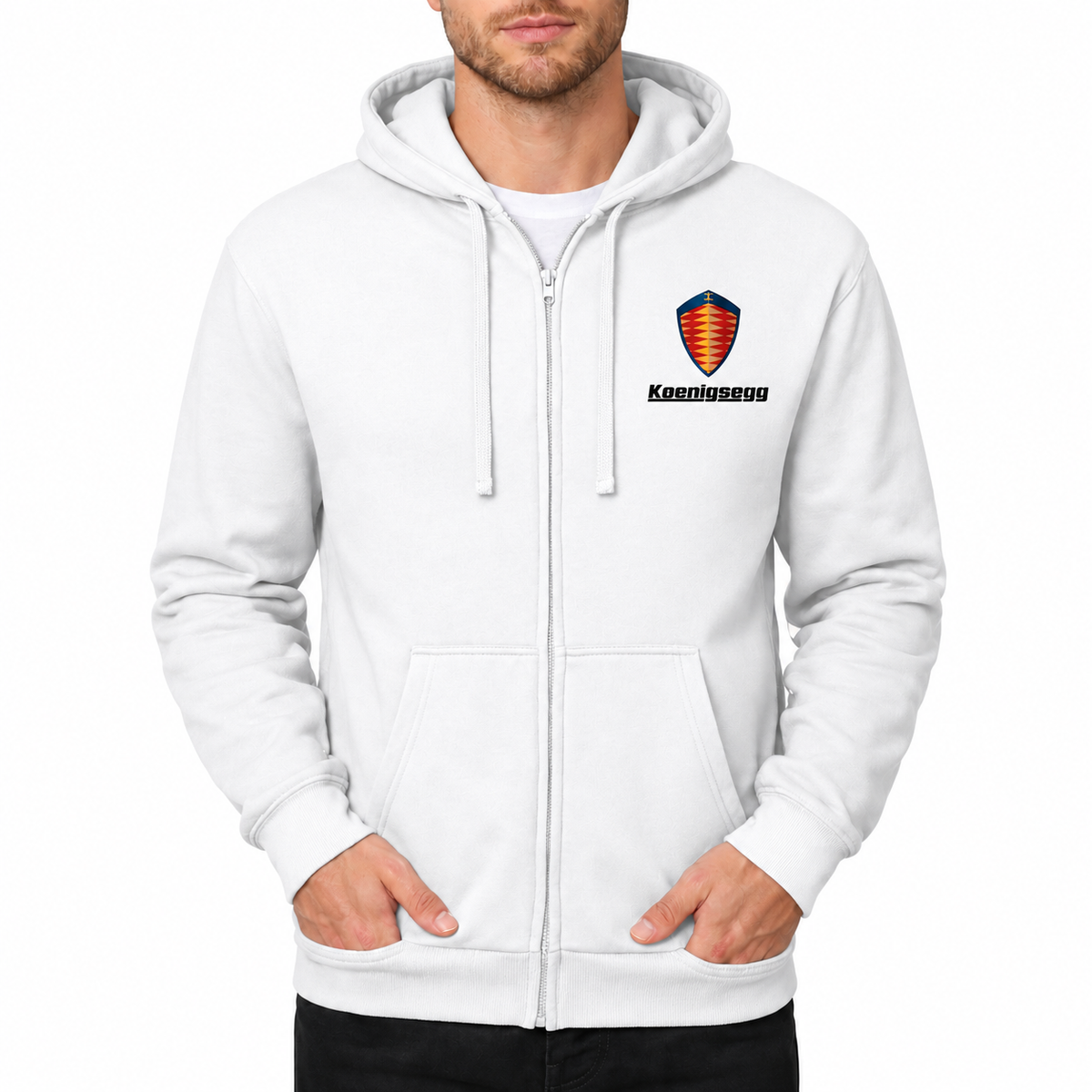 Koenigsegg White zipper hoodie front left chest heat transfer