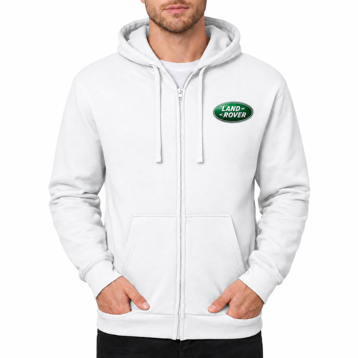 Land Rover White zipper hoodie front left chest heat transfer
