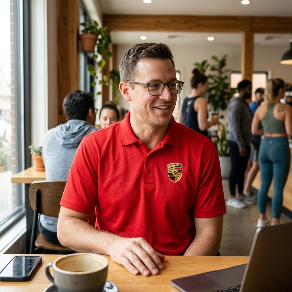 Man in casual cafe scene wearing white men's Porsche polyester polo, demonstrating breathable fabric and clean design with warm light.