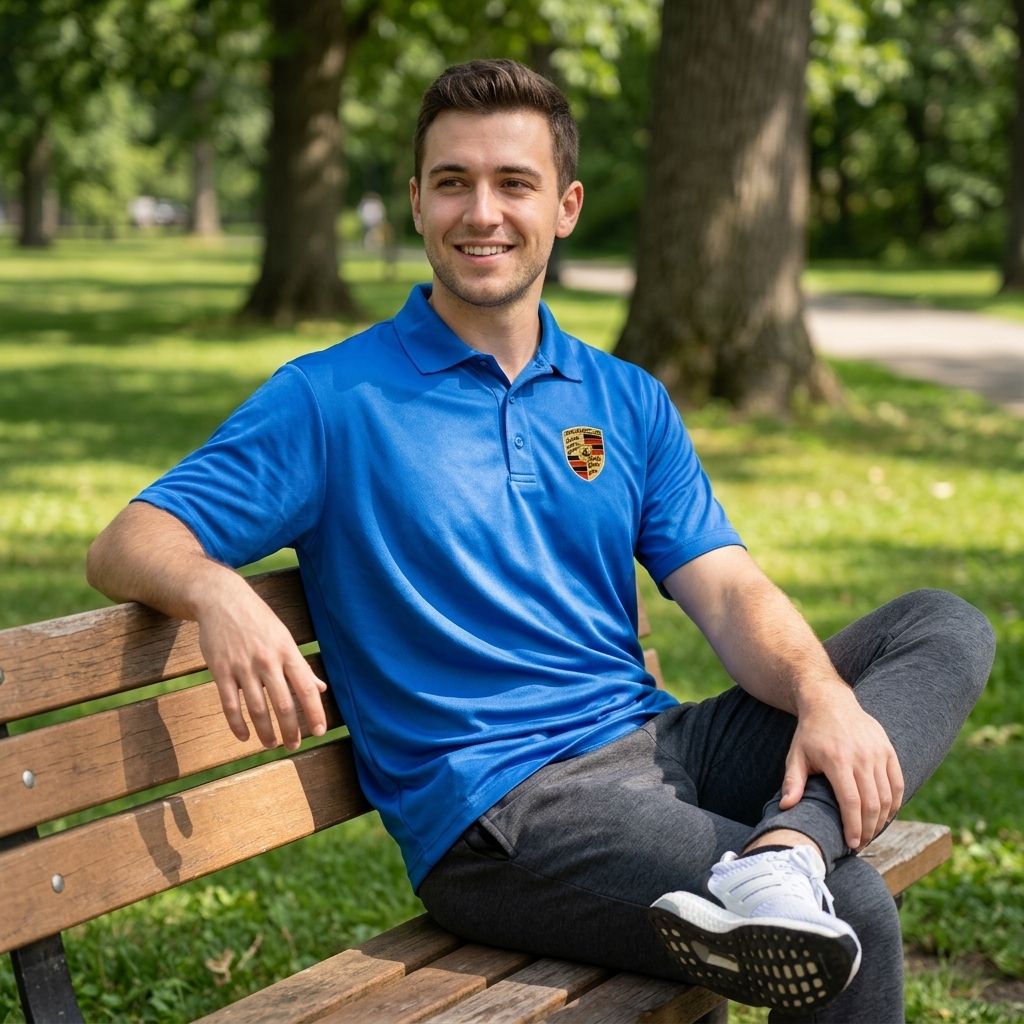 Man in sunshine park wearing men's Porsche polyester polo with joggers, illustrating comfort and versatility outdoors.