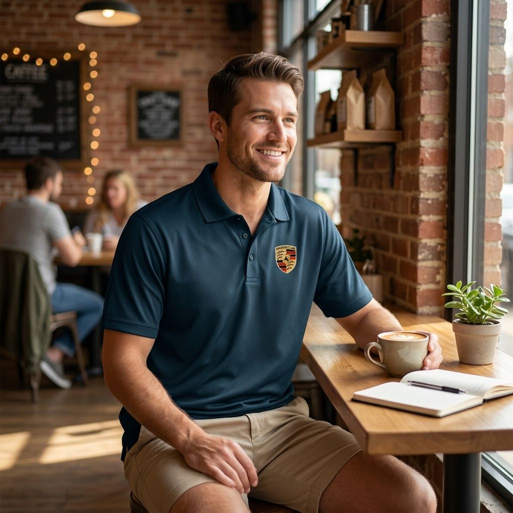 Male model in white Porsche polyester polo paired with shorts in a cozy café setting, highlighting comfort and style.