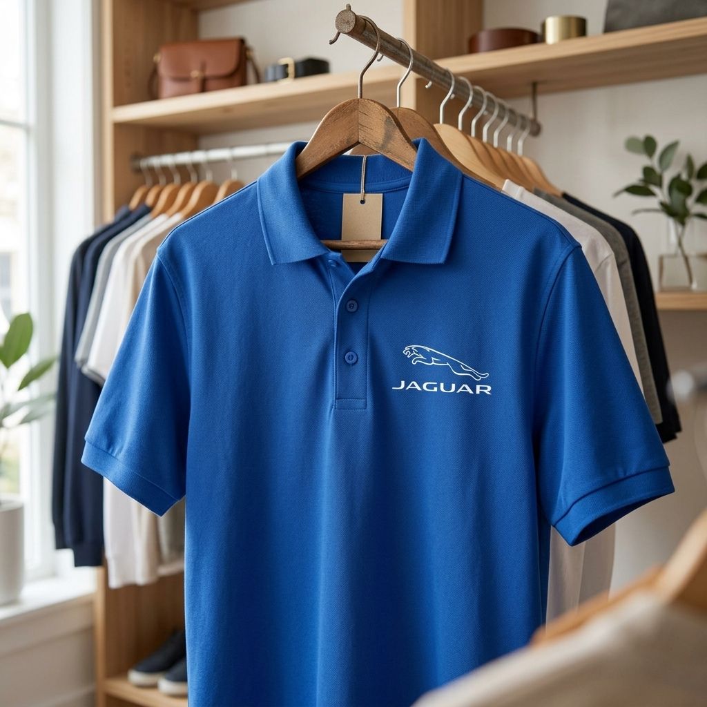 Polo hanging on a rustic hanger in a bright, minimalistic closet, highlighting fabric, collar, and tagless label details.