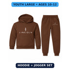 Lincoln youth hoodie jogger set, Brown, Youth Large ages 10–12