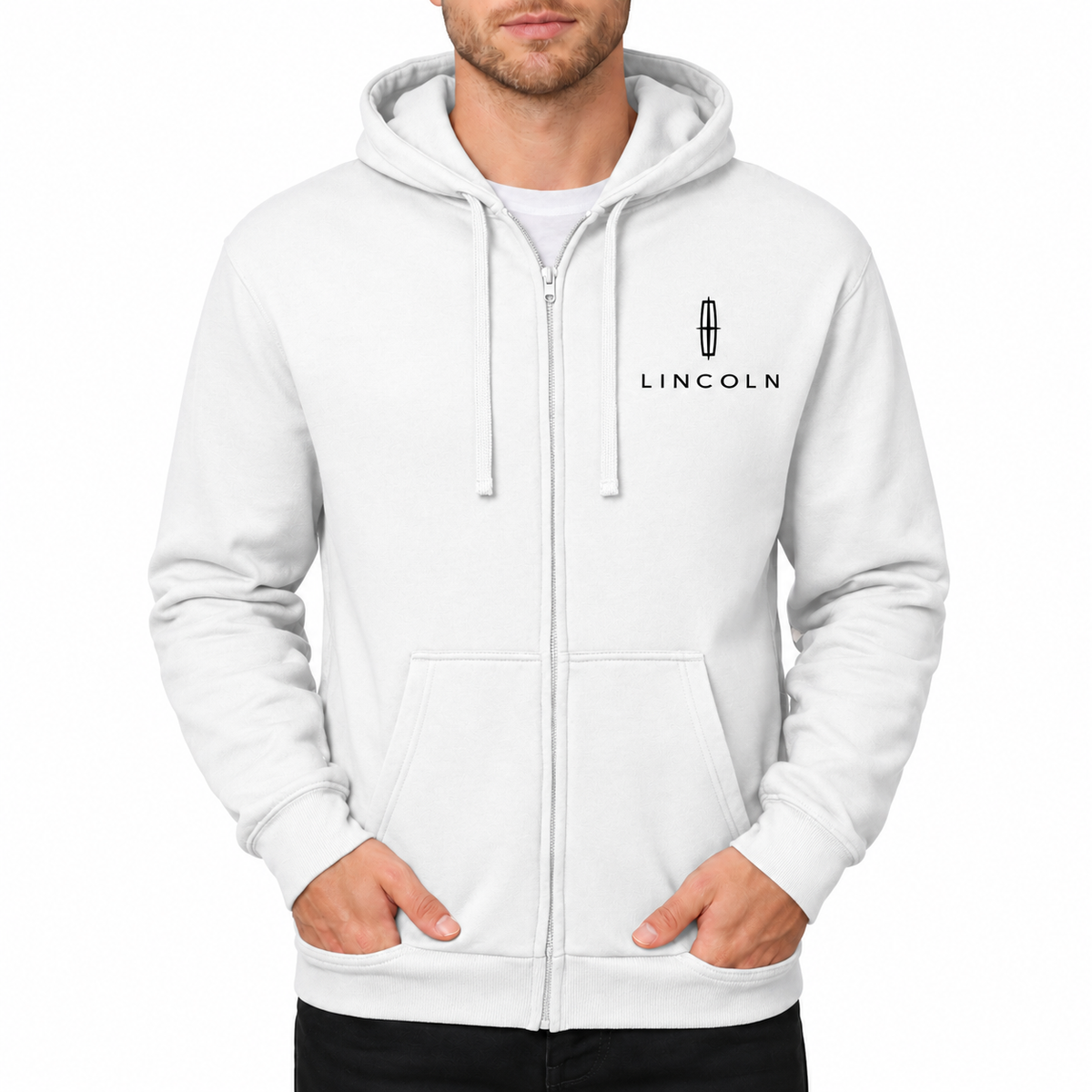 Lincoln White zipper hoodie front left chest heat transfer