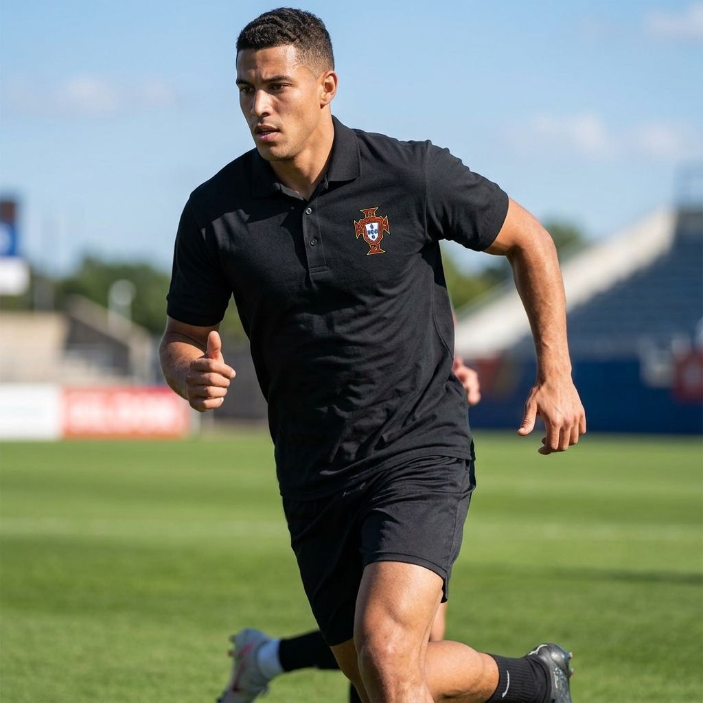 Male athlete wearing Portugal Dry Blend Polo during outdoor sports activity, demonstrating comfort and moisture management under sunlight.