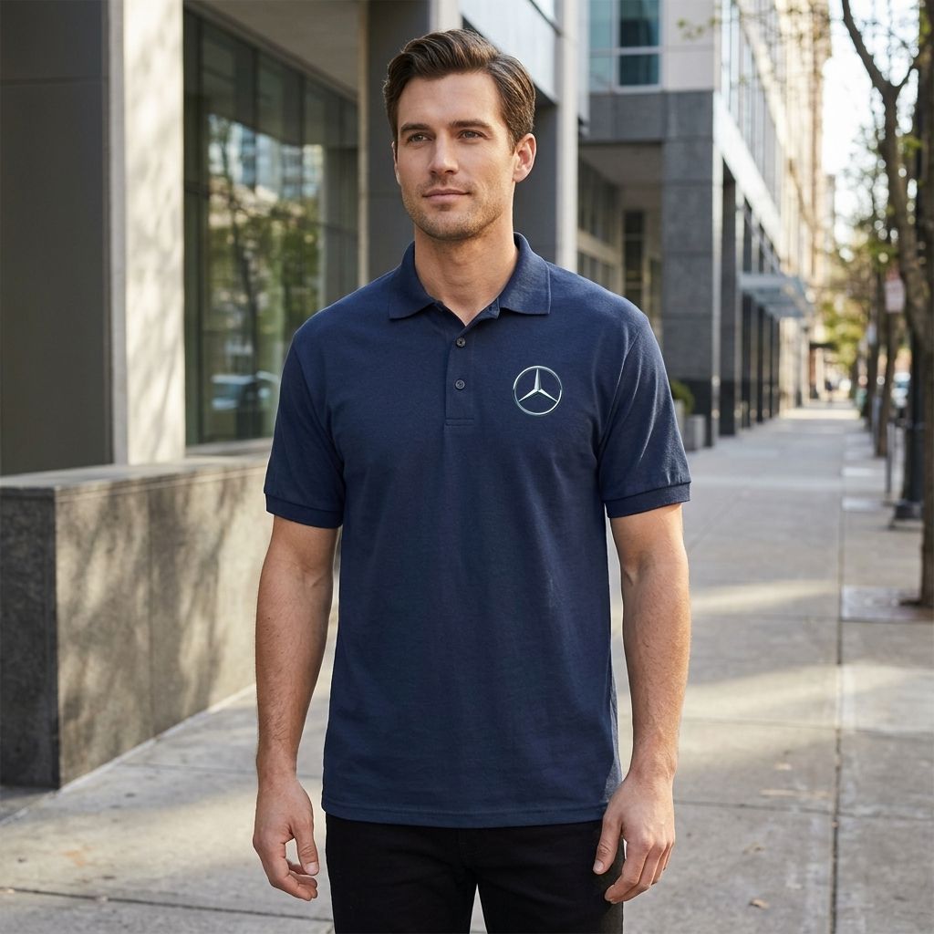 Male model wearing men's Mercedes-Benz Dry Blend Polo on city sidewalk, highlighting structured collar and fit.