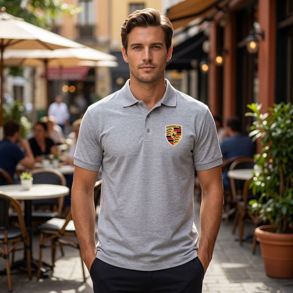 Male model in outdoor cafe wearing Porsche Car Dry Blend Polo, with natural sunlight enhancing the fabric’s texture and structure.