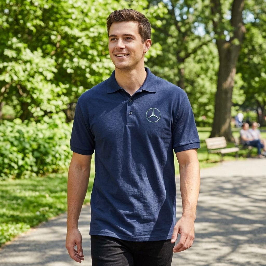 Man in white Mercedes-Benz polo walking in park, showcasing relaxed fit and breathable moisture-wicking fabric.