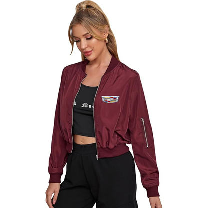 Women's Cadillac Car - Lightweight Bomber Biker Jacket Zip up Windbreaker Crop Bomber Jacket Coat