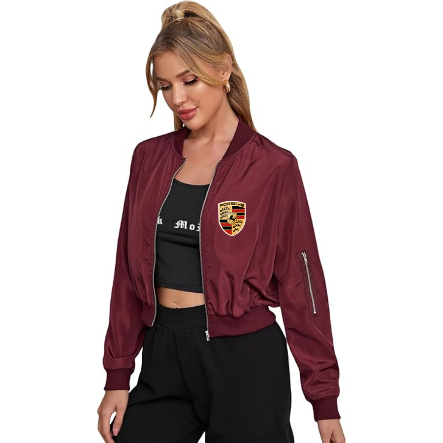 Women's Porsche Car - Lightweight Bomber Biker Jacket Zip up Windbreaker Crop Bomber Jacket Coat