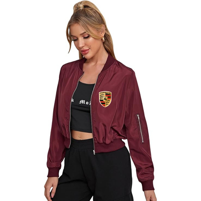 Women's Porsche Car - Lightweight Bomber Biker Jacket Zip up Windbreaker Crop Bomber Jacket Coat