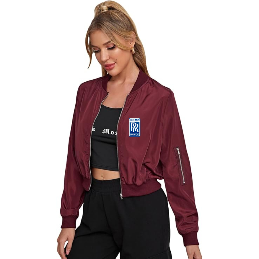 Women's Rolls Royce Car - Lightweight Bomber Biker Jacket Zip up Windbreaker Crop Bomber Jacket Coat