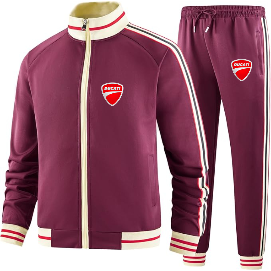 Men's Ducati Motorcycle - Premium Two-Piece Designer Tracksuit with Bold Striped Accents and Zippered Front - Elevated Athletic Wear