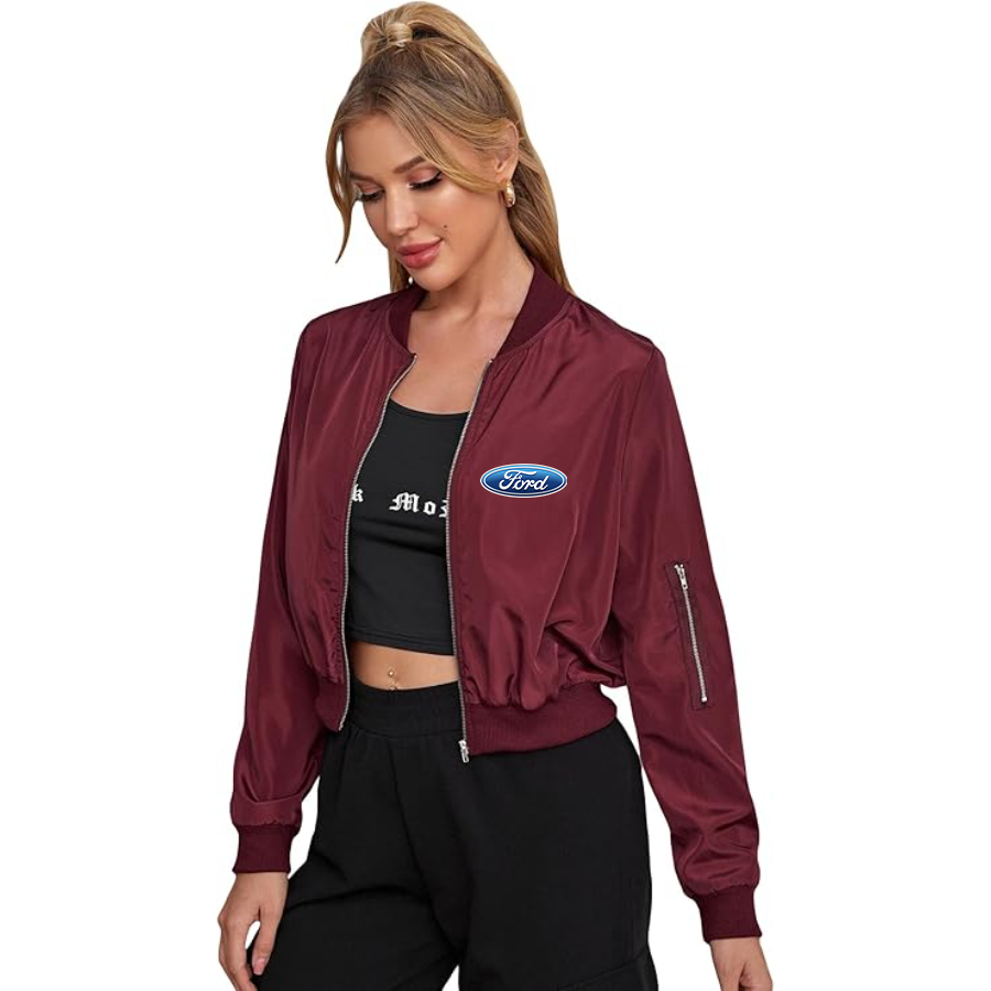 Women's Ford Car - Lightweight Bomber Biker Jacket Zip up Windbreaker Crop Bomber Jacket Coat