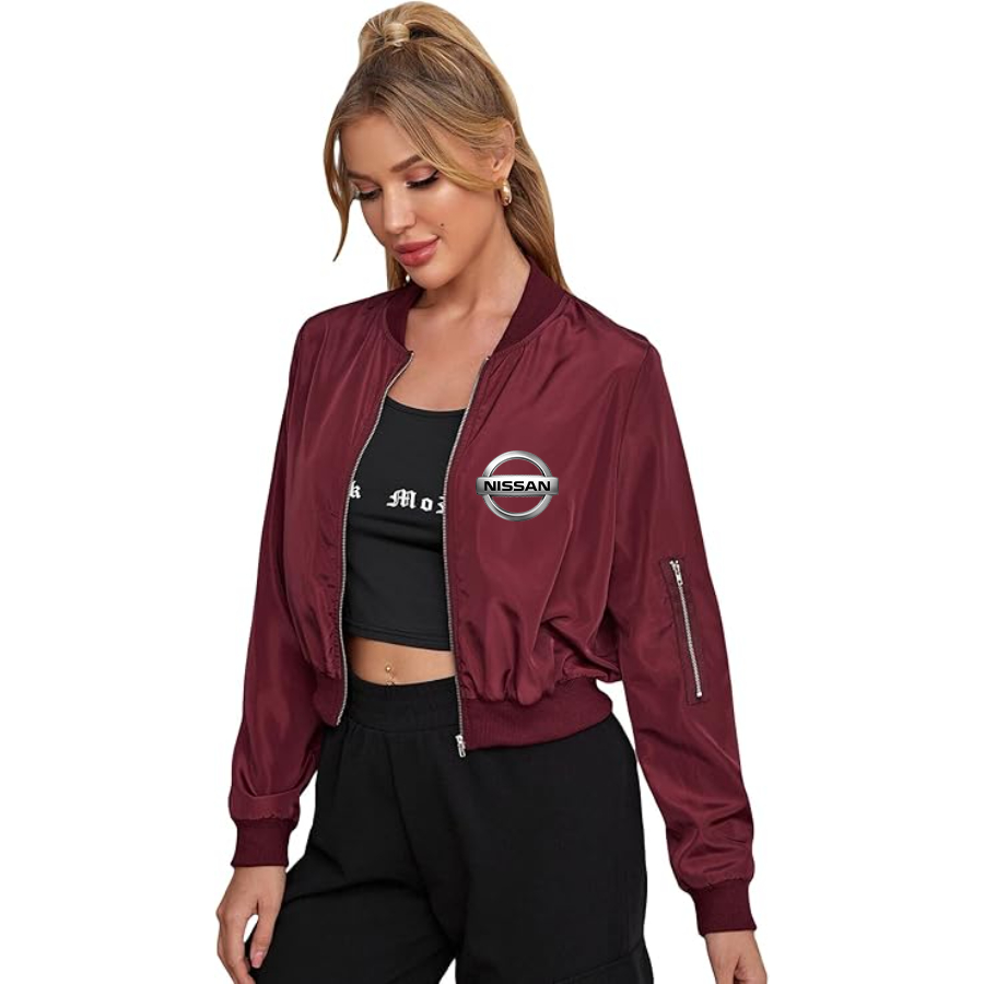 Women's Nissan Car - Lightweight Bomber Biker Jacket Zip up Windbreaker Crop Bomber Jacket Coat