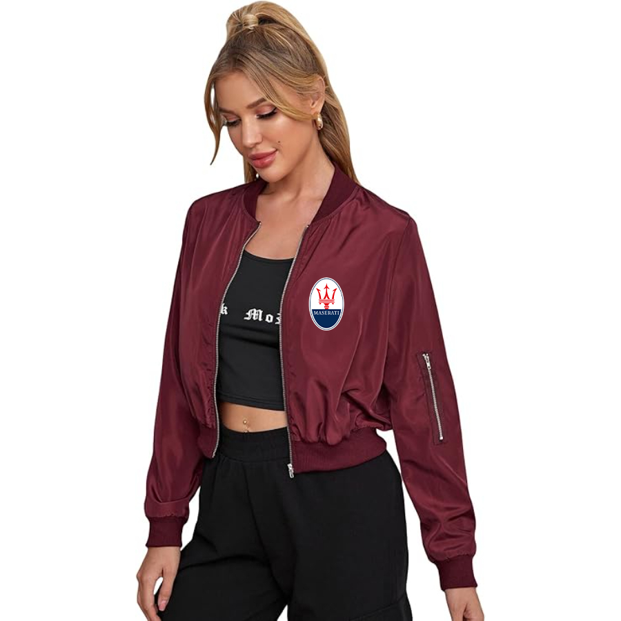 Women's Maserati Car - Lightweight Bomber Biker Jacket Zip up Windbreaker Crop Bomber Jacket Coat