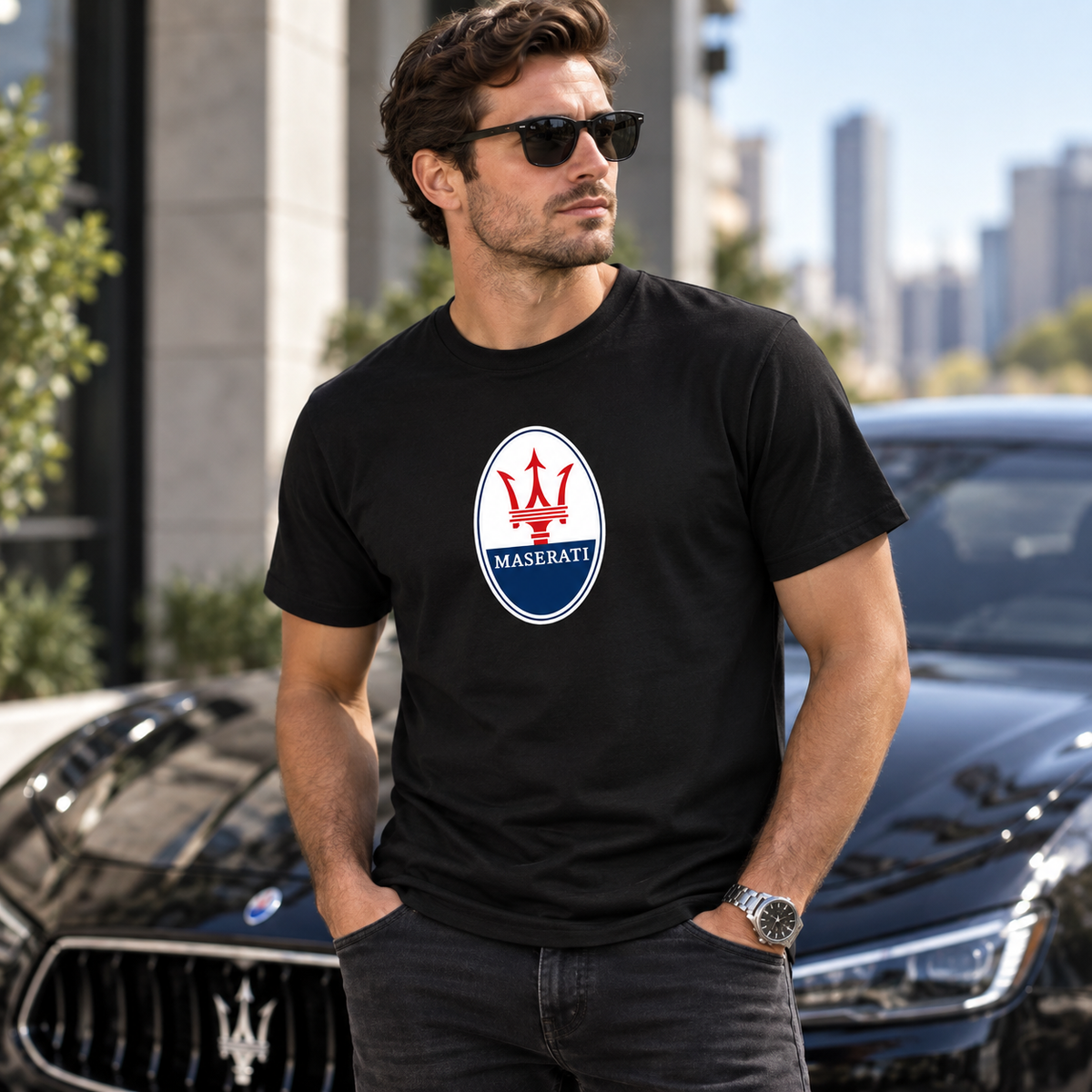 Men’s Maserati Car Cotton T-Shirt | Color: Black | Image 3