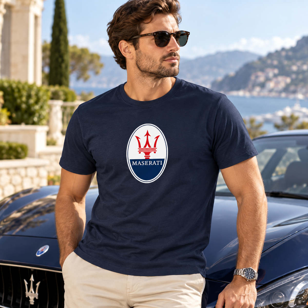 Men’s Maserati Car Cotton T-Shirt | Color: Navy | Image 1